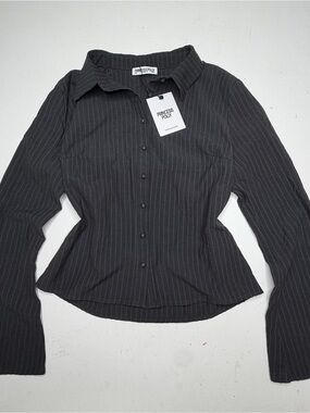 Princess Polly Anni Pinstripe Button Shirt Black Size 8 NWT
